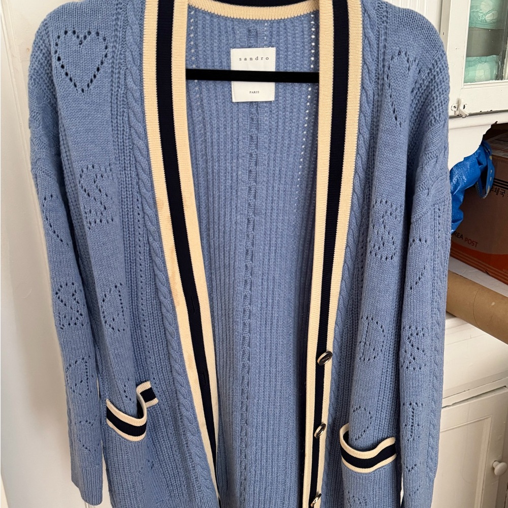 Sandro Blue Cardigan with Cream Accents